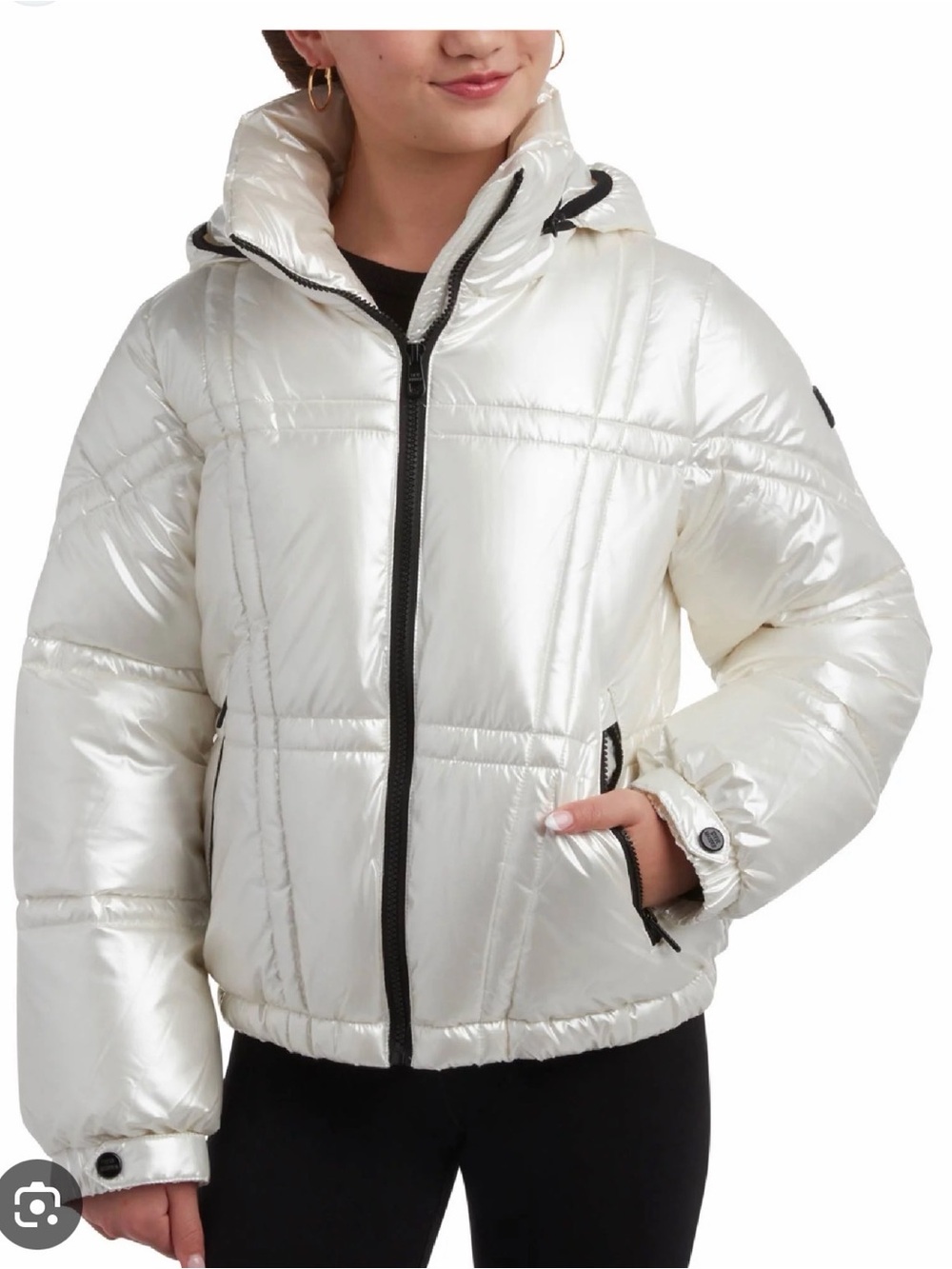 Girls Steve Madden White Puffer Jacket with Black Trim - Picture 1 of 10